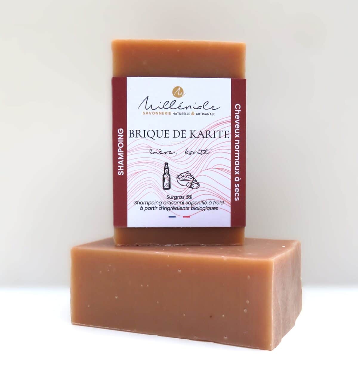 Shampoing solide bio Brique de Karité pour cheveux normaux à secs, avec bière, beurre de karité et argile rouge