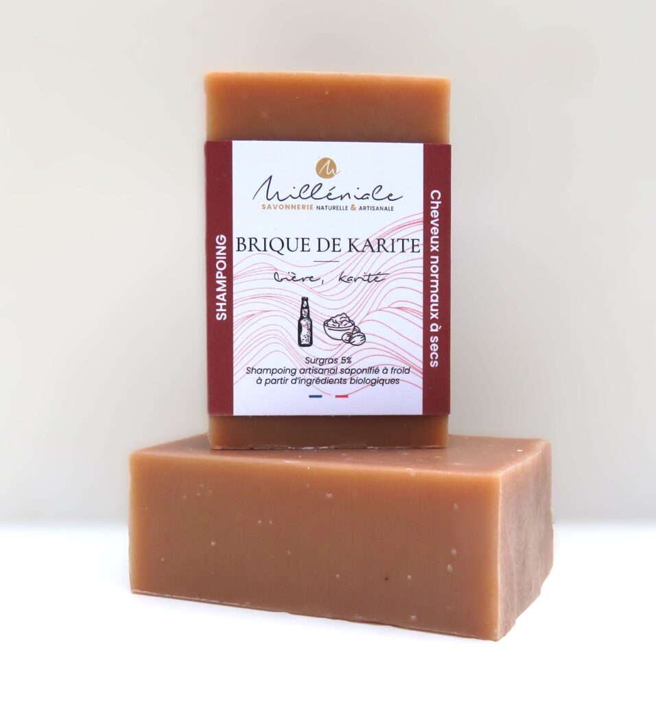Shampoing solide bio Brique de Karité pour cheveux normaux à secs, avec bière, beurre de karité et argile rouge