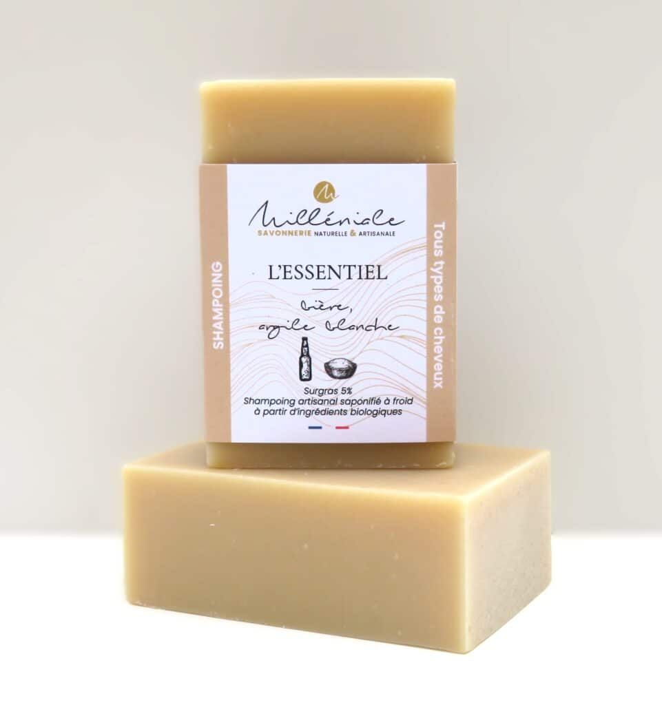 Shampoing solide bio L’Essentiel pour tous types de cheveux, fabriqué à froid par la Savonnerie Milléniale
