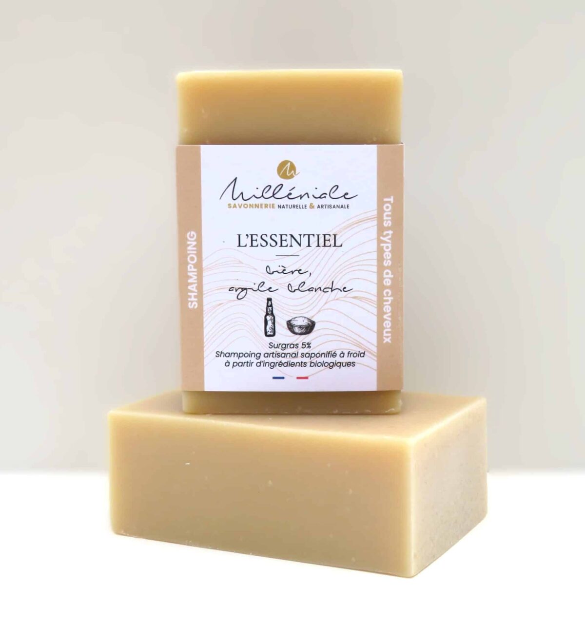 Shampoing solide L’Essentiel pour tous types de cheveux, fabriqué à froid par la Savonnerie Milléniale