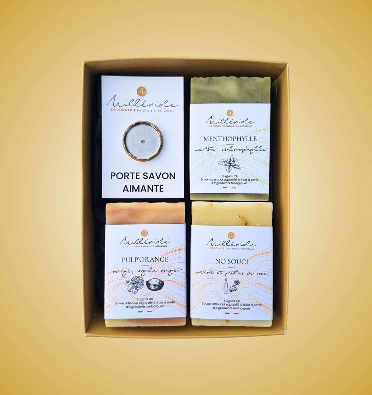Coffret 3 savons + porte savon aimanté contenu