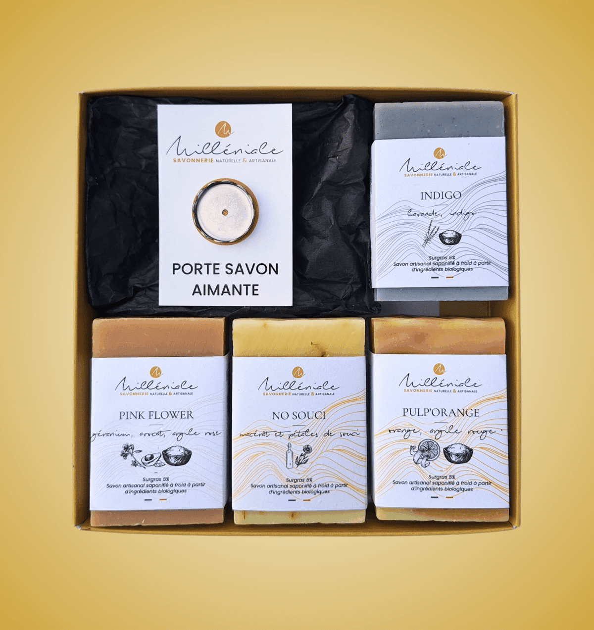 Coffret 4 savons + porte savon aimanté contenu