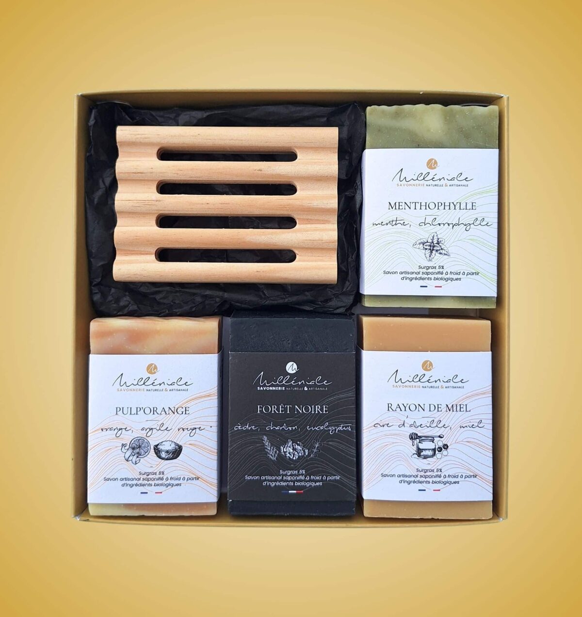 Coffret 4 savons + porte savon pin compo